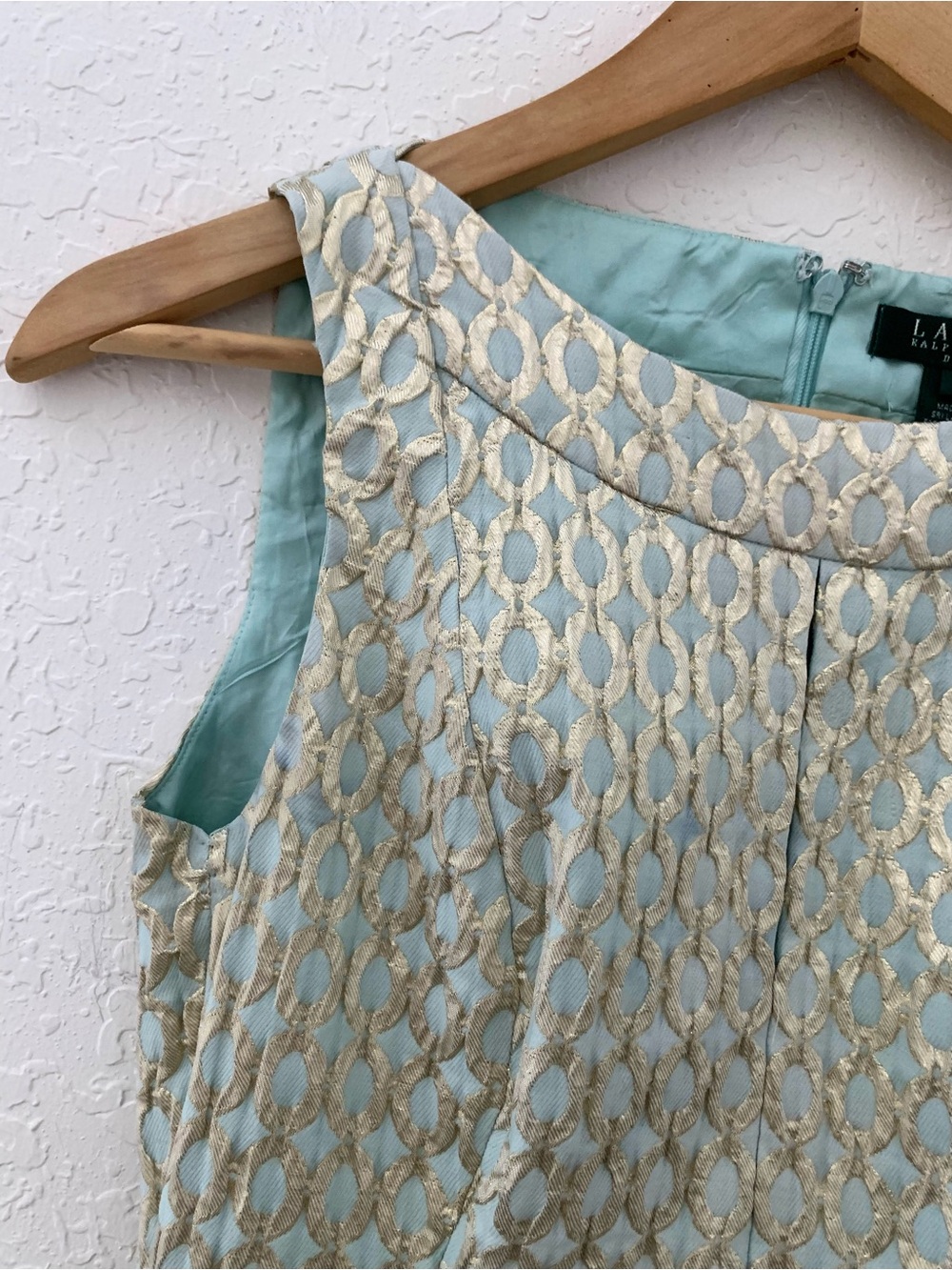 Ralph Lauren Mint Green Metallic Gold Embroidered Fit & Flare Cocktail Dress - Picture 3 of 11
